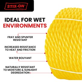Polypropylene Rope 50Ft – 3/8 Inch Twisted Nautical Rope – Oil Resistant Yellow Heavy Duty Rope Ideal for Boats, Dock – Increased Friction and Heat Resistance – High Tensile Strength Marine Rope