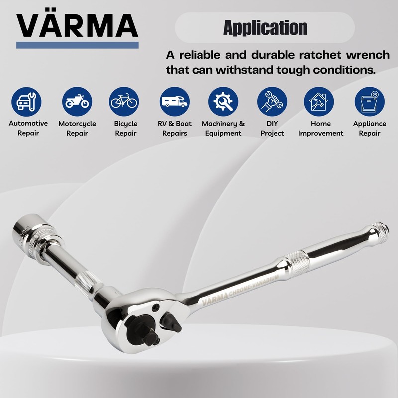 VÄRMA 3/8-Inch Dual-Head Ratchet Handle | 72-Tooth Reversible Wrench for