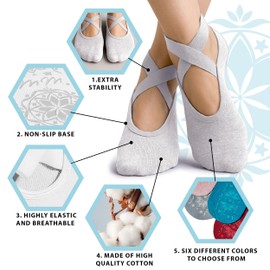 Maria-M Yoga Socks for Women, Non-Slip Grip & Grip Straps, Socks for Pilates, Yoga, Pure Barre, Ballet (US, Alpha, One Size, Regular, Regular, 2, White)