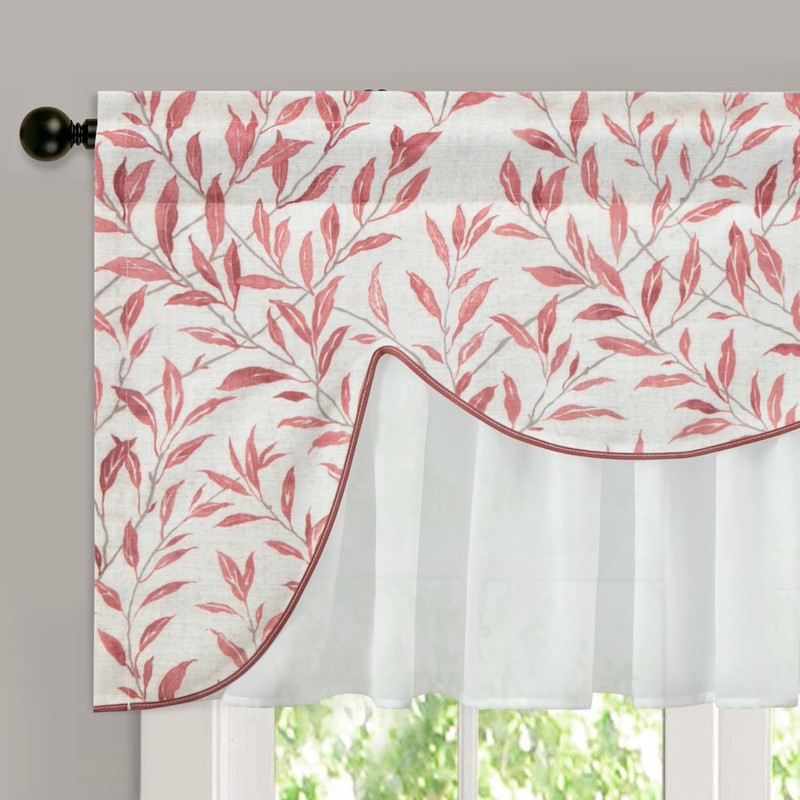VOGOL Linen Textured Kitchen Valance, Double Layers View Reducing Scalloped
