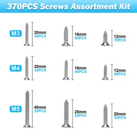 370 Pcs Self Tapping Screws, M3/M4/M5 304 Stainless Steel Wood Screws Assortment, Assorted Wood Screws with Storage Box & Screwdriver Bit for Woodwork