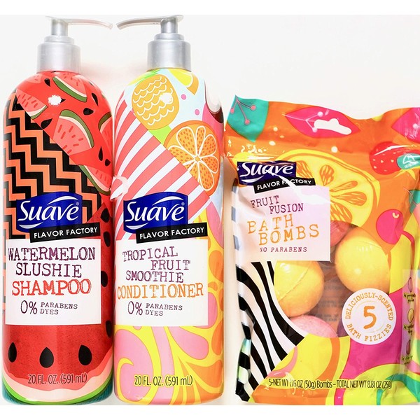 Suave Watermelon Shampoo, Tropical Fruit Conditioner, 5 Fruit Fusion Bath Bombs