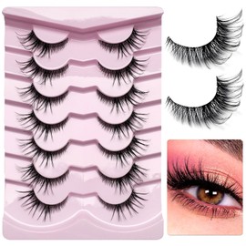 LoveOurHome 7 Pairs Faux Mink Fake Eyelashes Fluffy False Eyelashes Cat Eye Wispy Lashes Natural Look Lash Extension Eye Lashes 7-17mm 6D Volume Strips False Lashes with Tweezer for Women Teen Girls