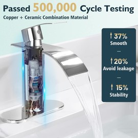 FORIOUS One Hole Chrome Bathroom Faucet with cUPC Supply Hose, Single Hole Waterfall Bathroom Faucet Single Handle, Stainless Steel Bathroom Sink Faucet with Overflow Drain Stopper, Polished Chrome