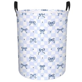 MYFLCOY Cute Bow Laundry Basket Collapsible Canvas Baby Nursery Gift hamper Teen Girls Coquette Bedroom Decor (Blue)