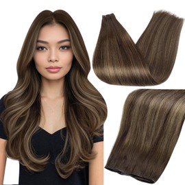 Full Shine Weft Hair Extensions Human Hair Genius Weft Hand Tied Sew in Hair Extensions 16 Inch Balayage Hair Extensions Darkest Brown to Light Brown Mix with Darkest Brown Hair Extensions 50G