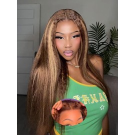 BGM GIRL 7x5 Glueless Highlight Kinky Straight Wig Human Hair 4/27 Color Pre Cut HD Lace Pre Plucked Invisible Knots 180% Density Wear Go Wigs for Women Beginner Friendly No Glue Needed 18 Inch