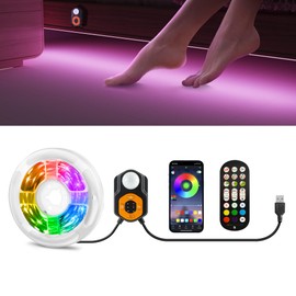 Auplf LED Strip with Motion Sensor 3 m RGB LED Strip with App Control and 2.4G RF Remote Control, LED Bed Light Night Light with Motion Sensor for Bed Wardrobe Stair Decoration