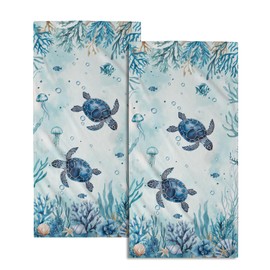 Sea Turtle Hand Towels Set of 2 Coastal Kitchen Towels Decorative Nautical Marine Life Bath Towels Ocean Animal Themed Towels for Bathroom Housewarming Gifts 14 x 28 Inch