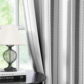 Lotusolution Full Blackout Black Stripe Window Curtains 84 Inches Long Classical Stripe Print on White Fabric for Bedroom and Living Room,Grommet Top