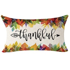 NIDITW Autumn Maple Leaf Harvest Thanksgiving Season Thankful Vintage Fall Leaves Lumbar Cotton Linen Throw Pillow Case Cushion Cover Farmhouse Sofa Chair Decorative 12x20 Inches (Cream)