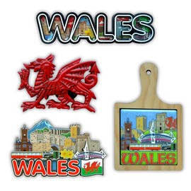 SAJAK Set of 4 Wales Fridge Magnets – Wooden & Resin Souvenir Pack Featuring Welsh Flag, Cardiff Castle, Red Dragon & Snowdonia – UK Travel Gift, Home Kitchen Decor, Collectible, Tourist Keepsake