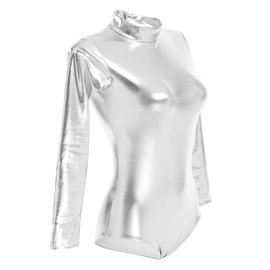 Odizli Women's Long Sleeve Lacquer Body Wetlook Leotard Shiny Metallic One-Piece Sports Ballet Body Tops Costume, silver