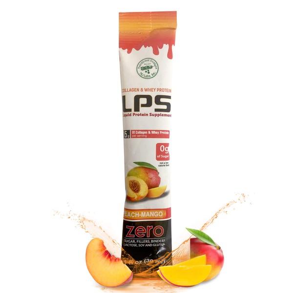 Nutritional Designs LPS Liquid Collagen & Whey Protein Supplement - Non-GMO Drink, Sugar-Free - Promotes Healthy Skin & Hair for Men & Women, Peach Mango, Single Serve (100 Packets)