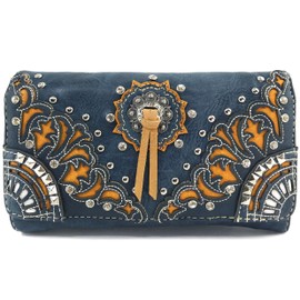 Zelris Autumn West Fringe Concho Women Crossbody Wrist Trifold Wallet (Blue)