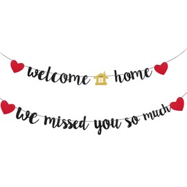 AOZUO Pre-Strung Welcome Home Banner, We Missed You So Much Banner Black Glitter Banner for Homecoming Decorations Military Return Family Theme Party