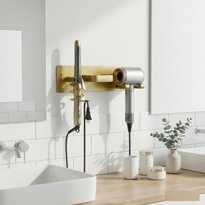 Hair Dryer Holder Hair Tool Organizer Metal Wall Mount (Gold)