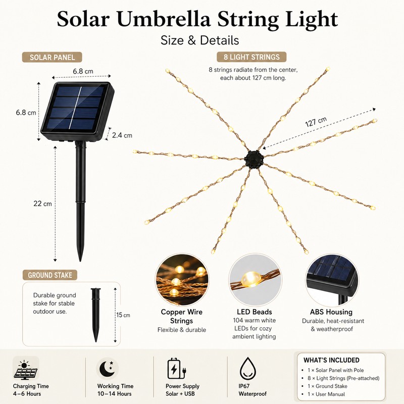 Solar Umbrella String Lights for Outdoor Décor – 104 LED