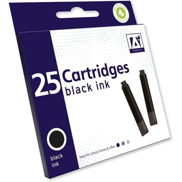 25 x Standard Sized Universal Black Fountain Pen Ink Cartridge Refills