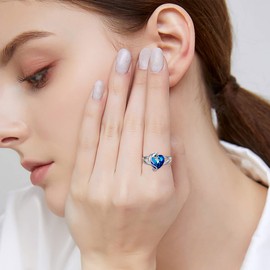 AOBOCO 925 Sterling Silver Cute Cat Ring with Sapphire Blue Heart Crystal from Austria, Cat Jewelry Gifts for Cat Lover Size 6