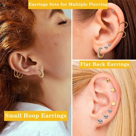 Morfetto 28Pcs Cartilage Stud Earrings Stainless Steel Conch Helix Tragus Flatback Stud Earrings Dangle Chain Huggie Hoop Earrings Set for Multiple Piercing Gold