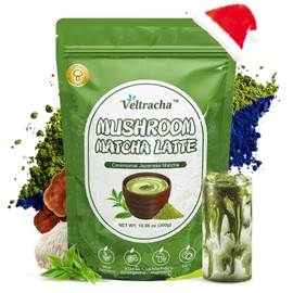 Veltracha Spirulina Mushroom Matcha, Japanese Ceremonial Grade Matcha with Ashwagandha, Adaptogenic Mushrooms Matcha Powder for Focus, Energy, Gut Health & Immunity, 10.58oz