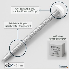 40mm Poly Top Pins / Nails (Pack of 250) Stainless Steel UPVC Plastic Head White