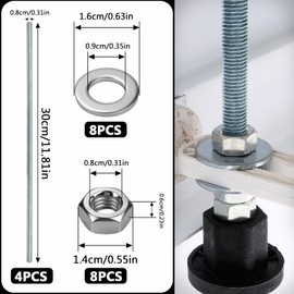 Pack of 4 Threaded Rods M10 Threaded Rods M10 x 300 mm Threaded Rod Threaded Bolts Galvanised Steel Grub Screws Blue Zinc Threaded Rods with 8 x Hex Nut and 8 x Washers