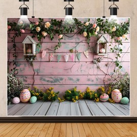 Spring Easter Backdrop 10x8ft Pink Wood Spring Flowers Eggs Backdrop Easter Backdrops for Photography Children Adult Birthday Party Decorations Banner Photo Supplies
