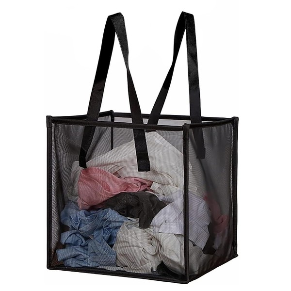 SULIVES Foldable Laundry Basket, Mesh Pop-up Hamper with Handle, Portable Storage Organizer Bag for Clothes Storage(Black)
