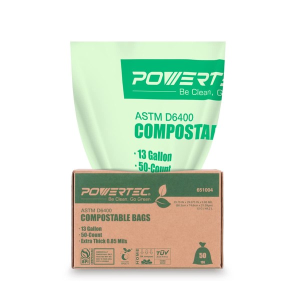 POWERTEC 100% Compostable Bags, 13 Gallon (49.2 Liter), 50 Count | Extra Thick 0.85 Mil Kitchen Food Scrap Waste Bags, ASTM D6400, US BPI and European OK Compost Home Certified