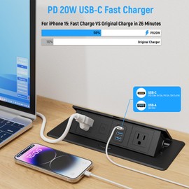 Recessed Power Strip with 2 AC, 2 USB-A, USB-C Ports, Pop Up Power Outlet with PD 20W USB C Fast Charger, Receptacle Outlet with Switch and 6FT Cord for Conference Office Countertop, UL Listed,Black