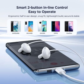 Joyroom JR-EC05 Type-C Series Half in-Ear Wired Earphones, High-Definition Sound, Comfortable Fit Earbuds and USB-C Compatibility, Headphones, White