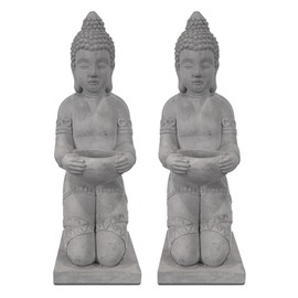 Kante 12.8" H Set of 2 Cement Composite Buddha Statues Ornament, Natural Concrete Indoor/Outdoor Tabletop Décor
