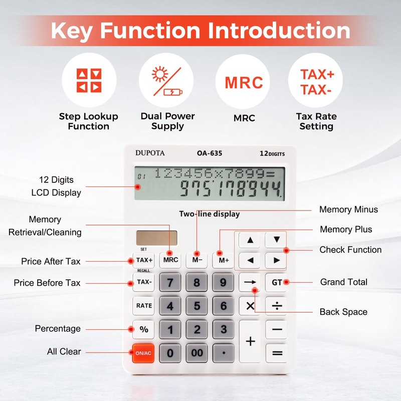 DUPOTA Calculator Desk Calculator Large Buttons Extra Large Display 12-Digit