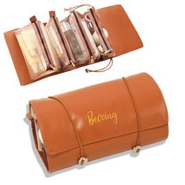 VNIMTI Travel Makeup Bag, Toiletry Bag for Women, PU Leather Cosmetic Bag with Dividers, Large Make Up Bag, Travel Essentials Organizer Bag, Ideal Gifts (PU-Brown)