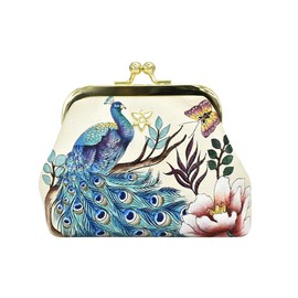 Anuschka Hand Painted Coin Bag with Clip Closure and Genuine Leather Key Rings, Pretty Peacocks, French