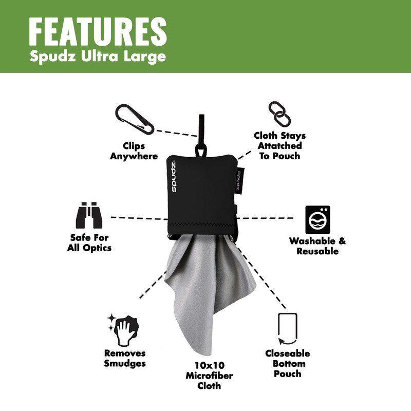 SPUDZ Ultra Microfiber Lens Cleaner – Closable Pouch, Clip-On, Washable