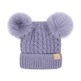 C.C Kids' Cable Knit Double Pom Beanie for Kids - Comfortable Soft Warm Children Youth Skully Hat with Pom, Matching Faux Fur Pom Lavender