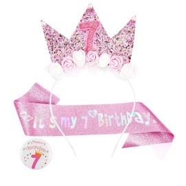Vyqrx Decorations for Girls, Princess Crown Headband, Glitter Girl Sash and 7 Badge Set, Girls Party Decorations for Princess Theme (Pink 7th)