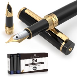 Dryden Designs Fountain Pen - Medium and Fine Nibs | Includes 24 Ink Cartridges and Ink Refill Converter | Calligraphy Pen, Consistent Writing, Smooth Look - Intense Black.