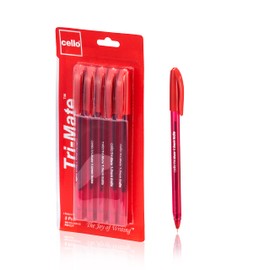 Cello Ballpoint Pens, Tri-Mate Medium Point Biros Multipack Pens | 1.0mm Ball Point Pens Writing | Ballpoint Pens Ideal for Stationery Supplies and School Supplies. Pack of 5 (Red)