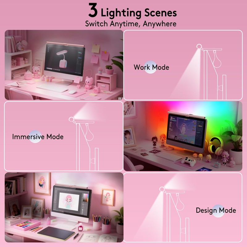 Quntis 20" Pink RGB Monitor Light Bar, 15 Gaming Backlight
