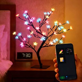 Smart RGB LED Cherry Blossom Tree Lamp, 16 Inch USB Lighted Bonsai for Desk, App Control Music Sync Timer, Color Changing Small Night Light for Bedroom Home Office Indoor Decor