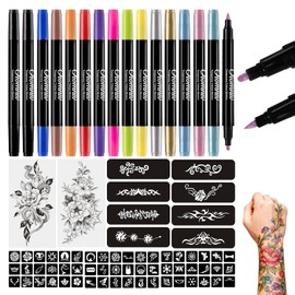 Oiomniv Temporary Tattoo Markers, 15PCS Body Markers Dual-End for Teens Adults, 62 Tattoo Stencils Temporary Tattoos Stickers, Glitter Matte Neon Tattoo Pens, Flexible Brush Tip, Skin Safe