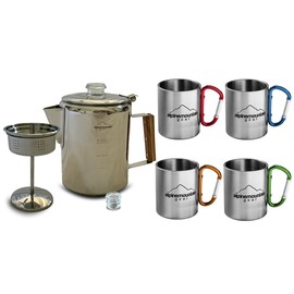 Alpine Mountain Gear 9-Cup Coffee Percolator Set with 4 Mugs (9 oz.) – Stainless Steel Camping Coffee Pot, Stovetop Percolator Coffee Maker for Home & Outdoor Use