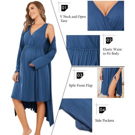 Ekouaer Women Maternity Nursing Gown and Robe Set Labor Delivery Nursing Nightgowns Pregnancy Clothes Blue L