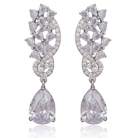 CZ Bridal Earrings for Wedding Sterling Silver Teardrop Cubic Zirconia Crystal Rhinestone Floarl Leaf Cluster Long Fashion Chandelier Statement Earrings for Wedding Party Prom