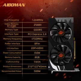 ARDIYES AIBOMAN RX 580 8GB Graphics Card 2048SP GDDR5 256-Bit, PCIe 3.0, Dual DisplayPort + HDMI, Freeze Fan Stop for Desktop PC Gaming GPU Tarjeta Gráfica