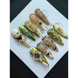Long Almond Acrylic Press On Nail with Luxury Custom Gold Cross & Golden Roses,3D Handmade Virgin Mary Fake Nails(M）